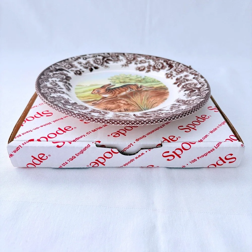 Spode Woodland Plate Rabbit Brown Floral Border Made in England S3422 with Box